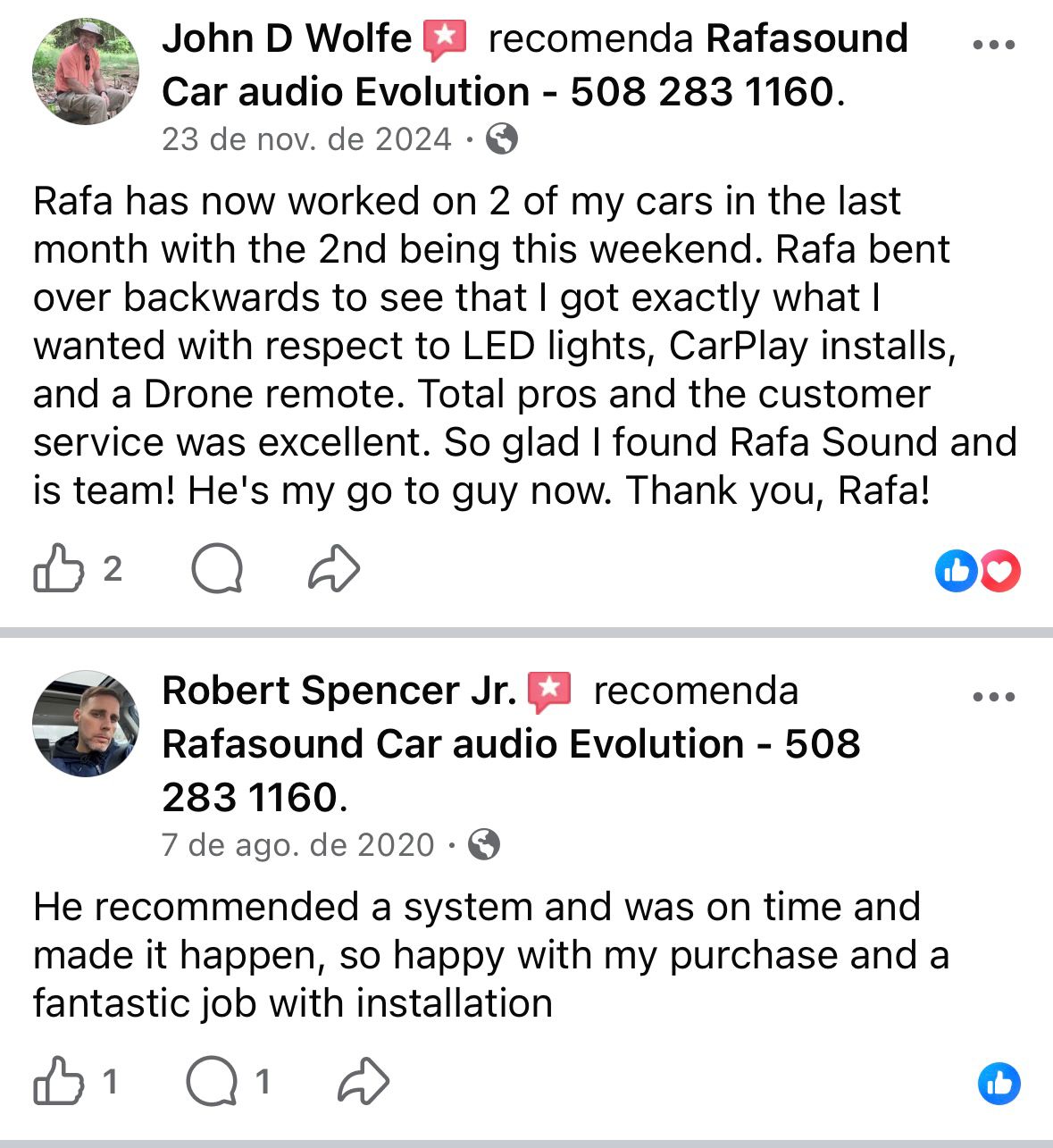 Five-star Facebook recommendations from John D. Wolfe and Robert Spencer Jr.