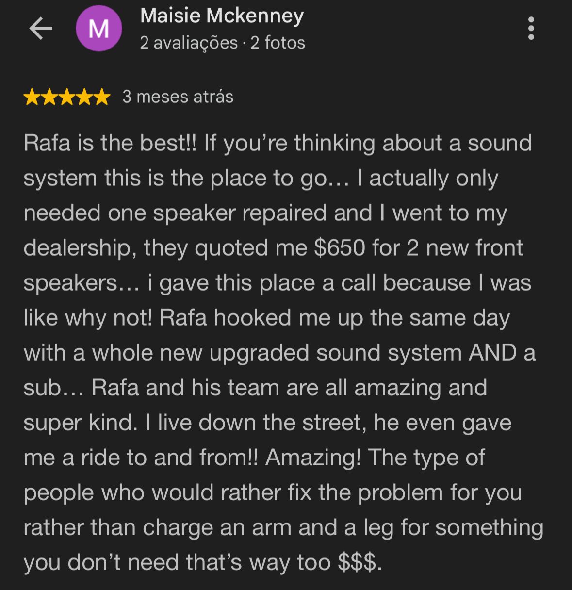 Five-star Google review from Maisie Mckenney